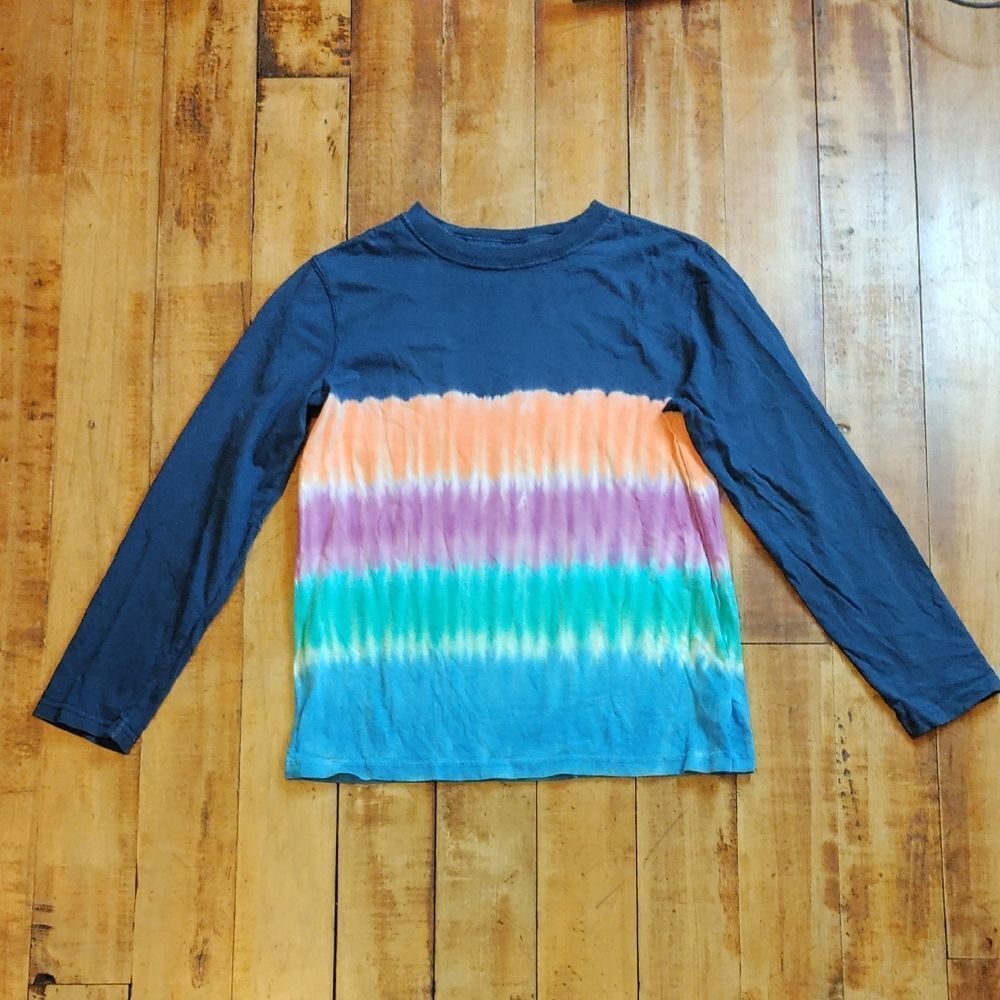 Lands End Shirt Size 8 Long Sleeve Tie Dye Blue Rainbow Cotton Colorful